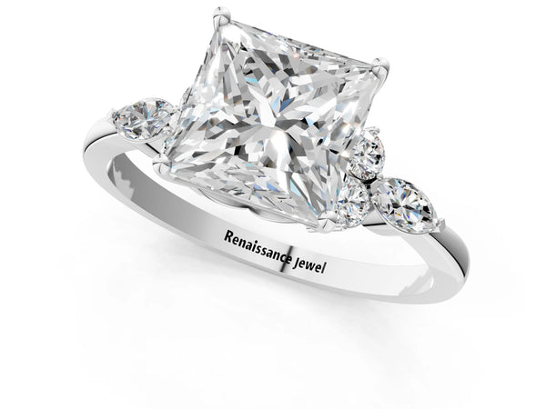 White gold Princess Cut Brilliant Diamond Solitaire Ring with Pear Side Stones and Four-Prong Setting