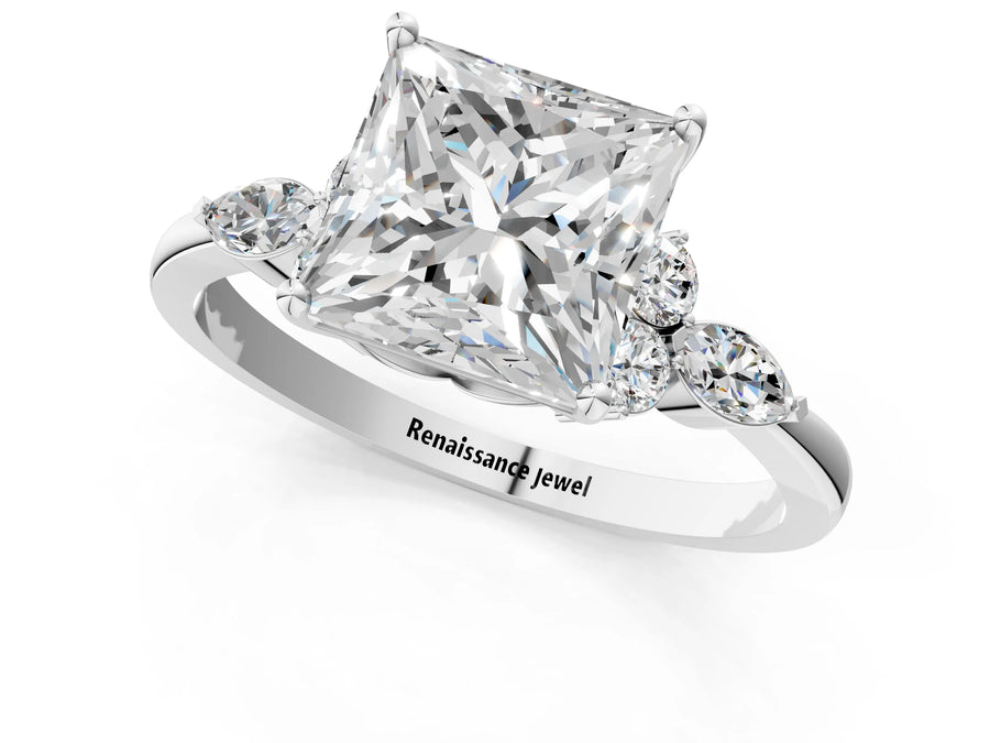 White gold Princess Cut Brilliant Diamond Solitaire Ring with Pear Side Stones and Four-Prong Setting