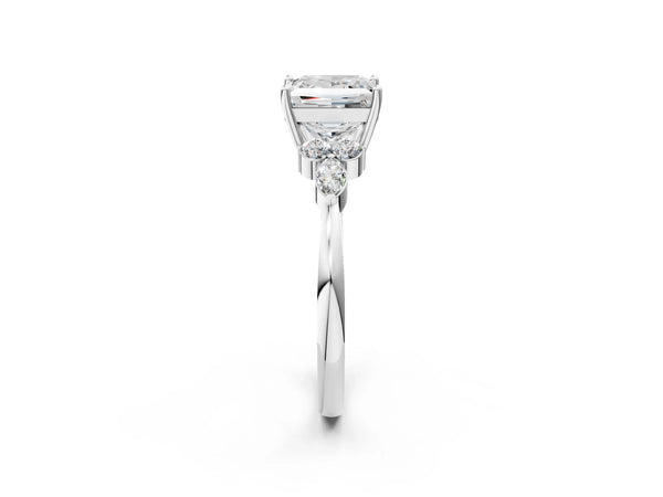 White gold Princess Cut Brilliant Diamond Solitaire Ring with Pear Side Stones and Four-Prong Setting