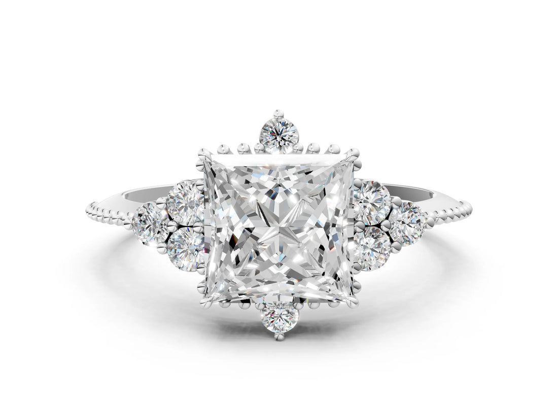 White gold Princess Cut Brilliant Diamond with Cluster Setting on a Beaded Band and Four-Prong Setting_167
