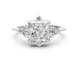 White gold Princess Cut Brilliant Diamond with Cluster Setting on a Beaded Band and Four-Prong Setting_167