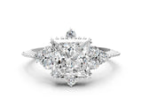 White gold Princess Cut Brilliant Diamond with Cluster Setting on a Beaded Band and Four-Prong Setting_341