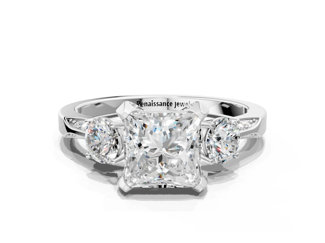 White gold Princess Cut Brilliant Three-Stone Diamond Ring with Pavé Band and Four-Prong Setting_7