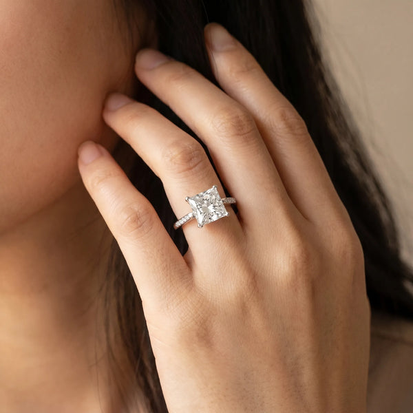 White Gold Princess Cut Solitaire Engagement Ring Setting with Tapered Channel Set Round Accents