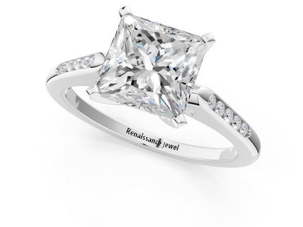 White gold Princess Cut Channel Set Solitaire Engagement Ring with Four-Prong Setting