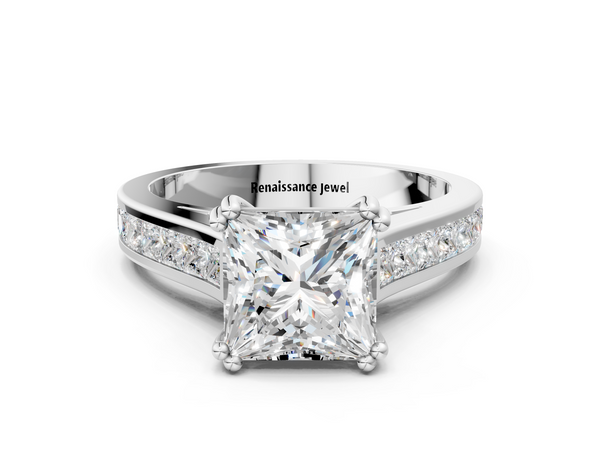 White gold Princess Cut Channel Set Solitaire Engagement Ring with Prong Setting