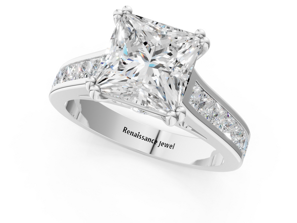 White gold Princess Cut Channel Set Solitaire Engagement Ring with Prong Setting