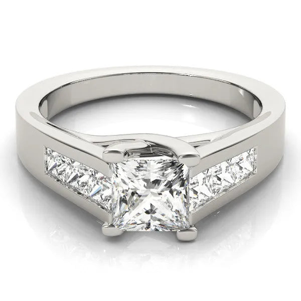 White gold Princess Cut Channel Set Solitaire Ring with Four-Prong Setting