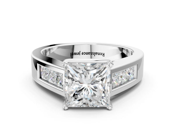 White gold Princess Cut Channel Set Solitaire Ring with Four-Prong Setting