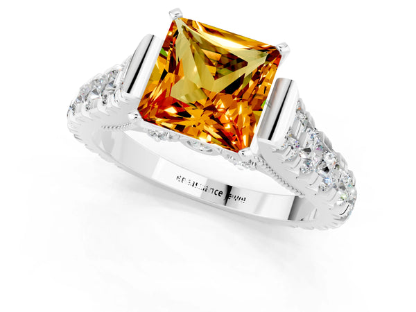 Platinum Princess Cut Citrine Classic Solitaire Ring with Pavé Band and Four-Prong Setting