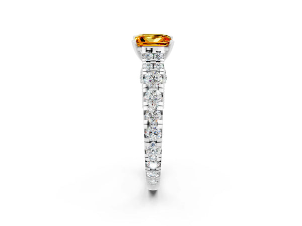 Silver Princess Cut Citrine Classic Solitaire Ring with Pavé Band and Four-Prong Setting