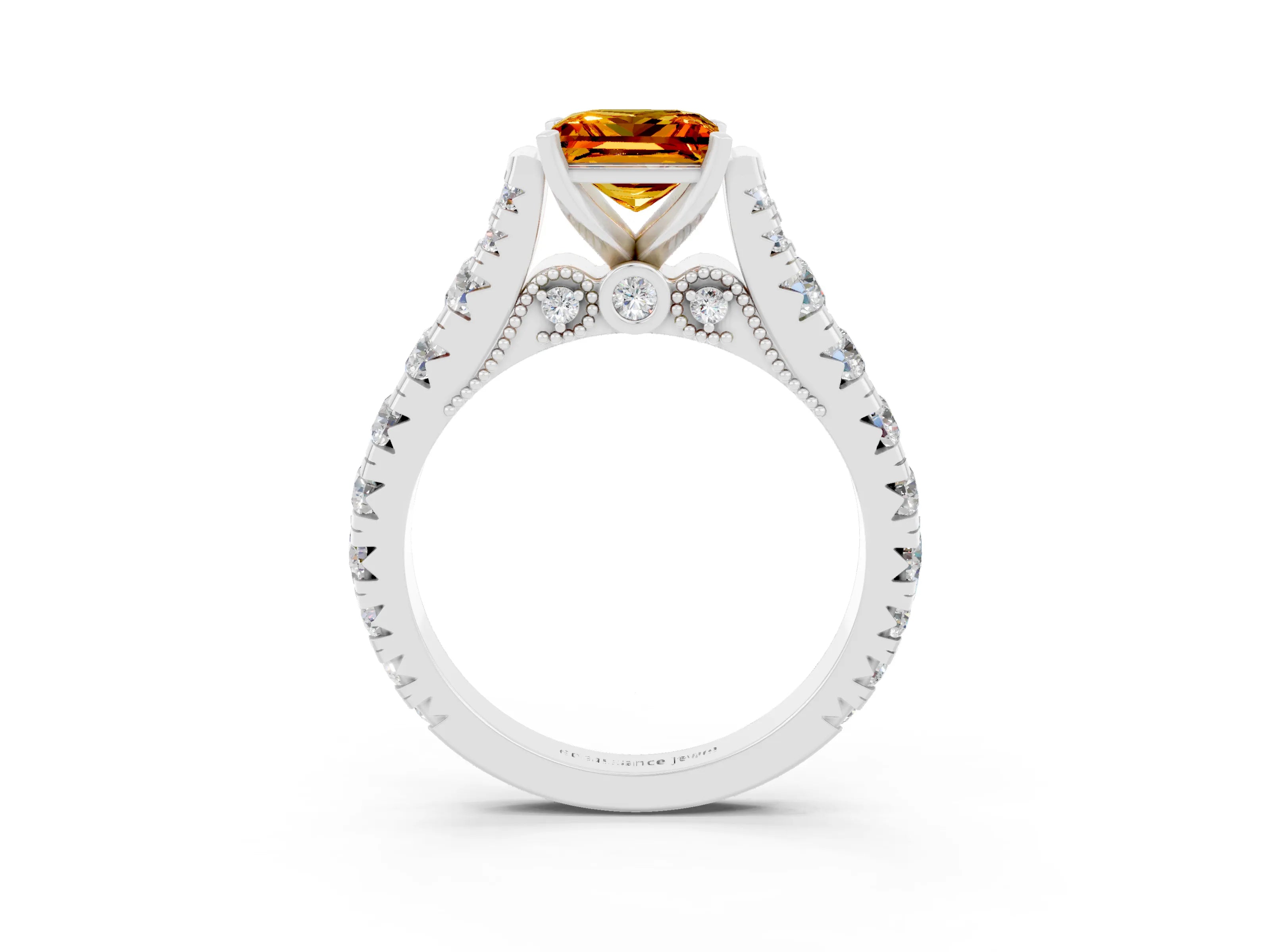 White gold Princess Cut Citrine Classic Solitaire Ring with Pavé Band and Four-Prong Setting_3