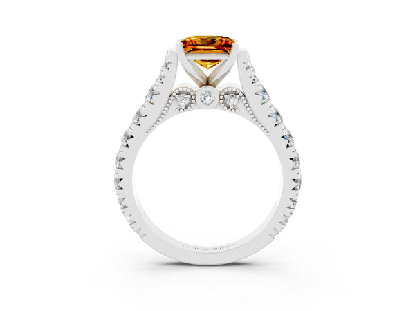 Silver Princess Cut Citrine Classic Solitaire Ring with Pavé Band and Four-Prong Setting