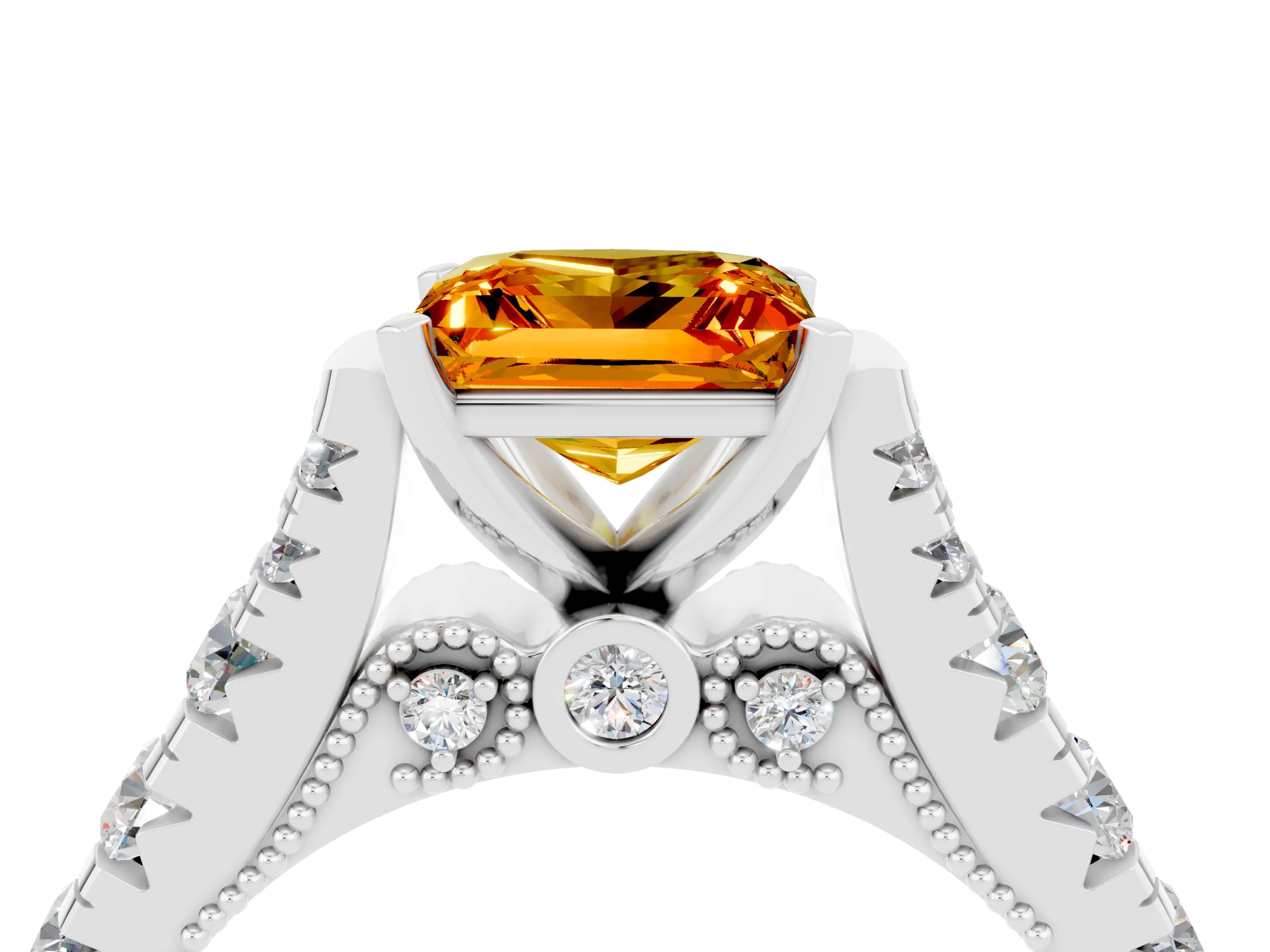 White gold Princess Cut Citrine Classic Solitaire Ring with Pavé Band and Four-Prong Setting_4
