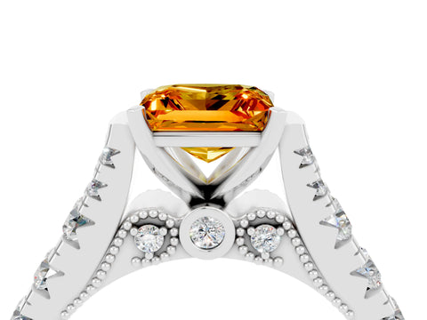 White gold Princess Cut Citrine Classic Solitaire Ring with Pavé Band and Four-Prong Setting_4