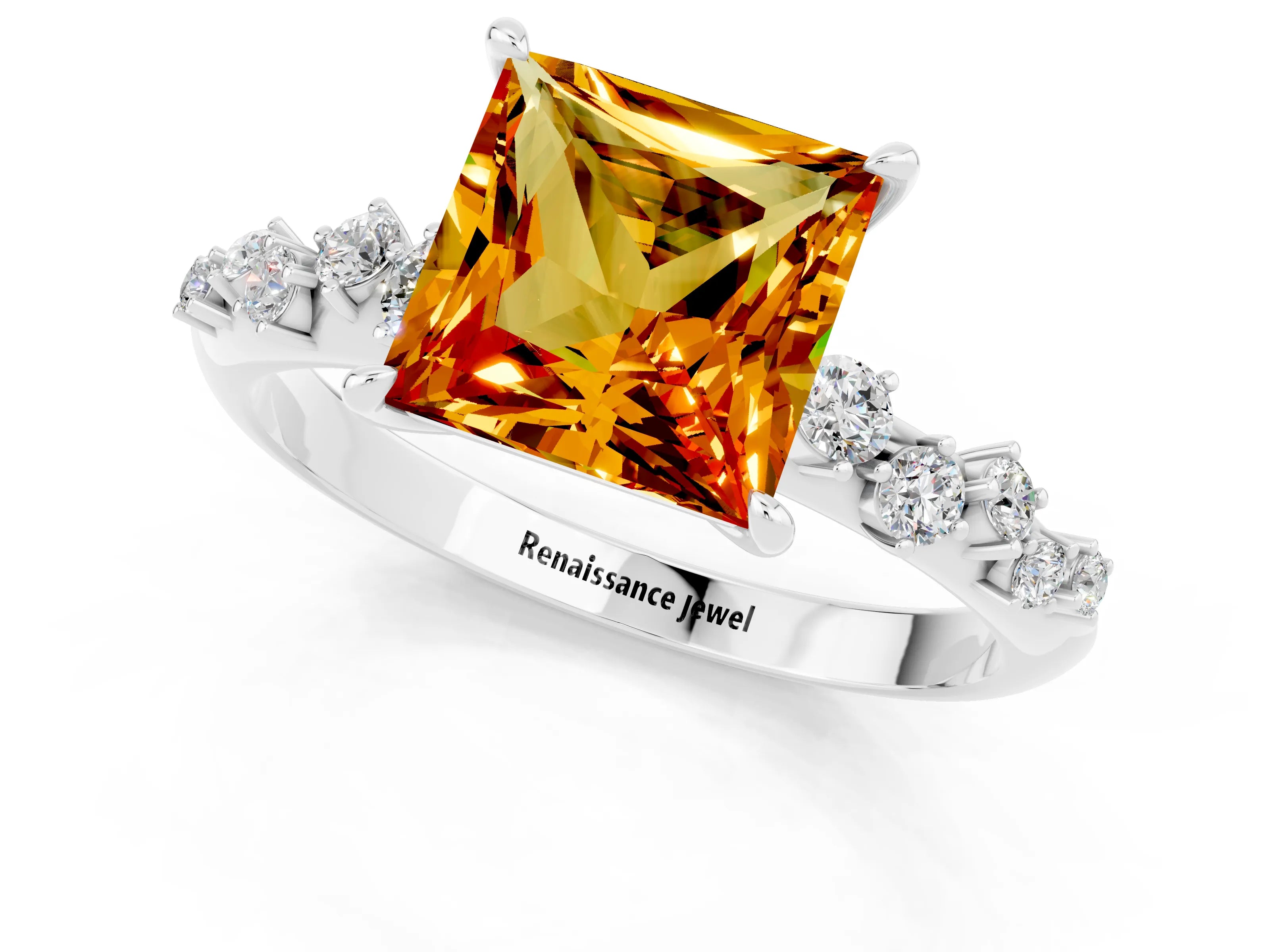 White gold Princess Cut Citrine Cluster Side Stone Solitaire Ring with Prong Setting_25