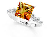 White gold Princess Cut Citrine Cluster Side Stone Solitaire Ring with Prong Setting_25