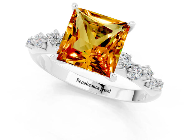 Silver Princess Cut Citrine Cluster Side Stone Solitaire Ring with Prong Setting