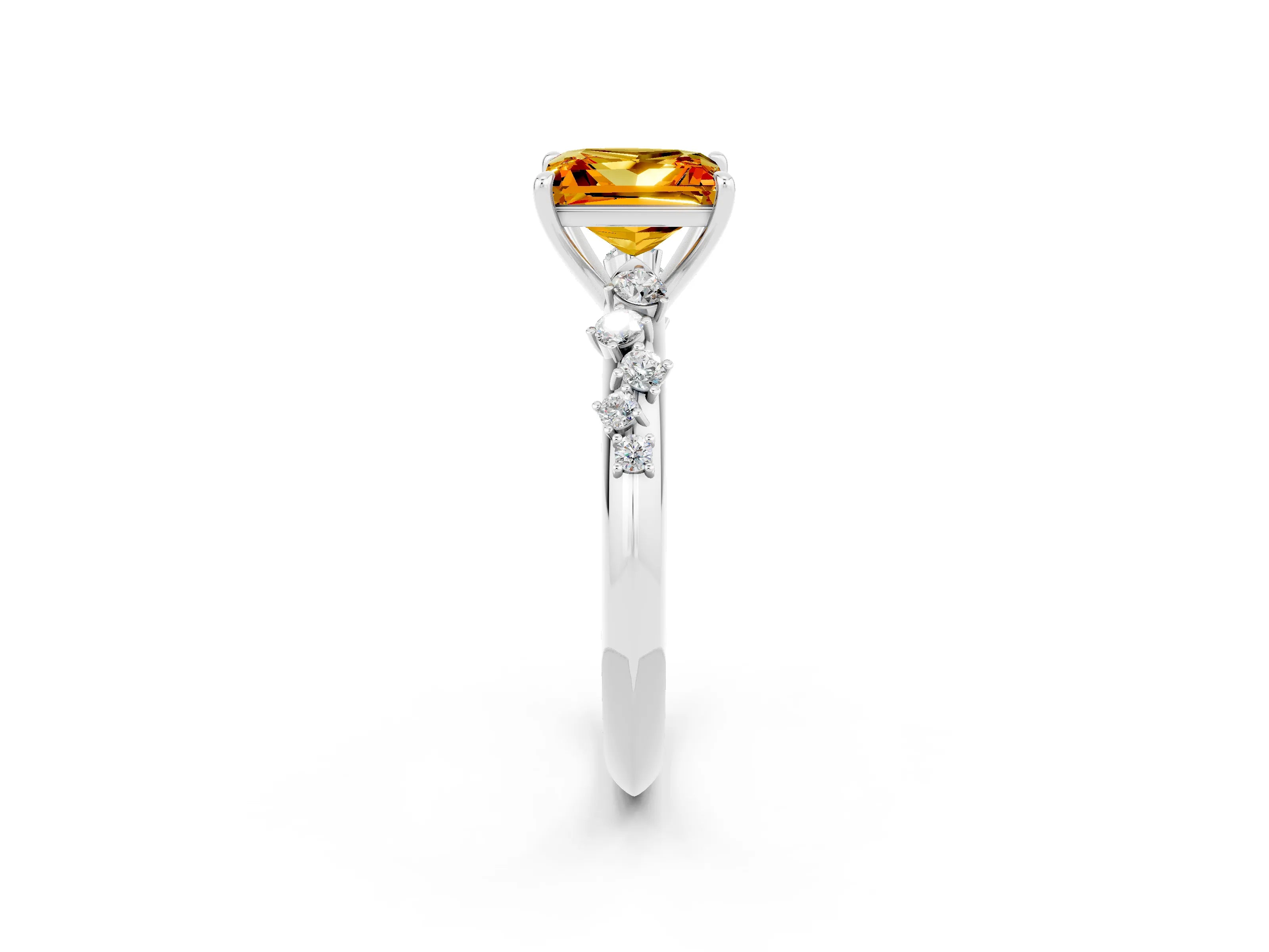 White gold Princess Cut Citrine Cluster Side Stone Solitaire Ring with Prong Setting_26