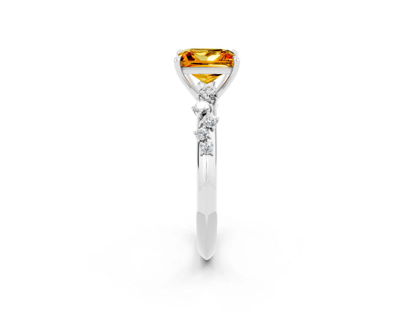 White gold Princess Cut Citrine Cluster Side Stone Solitaire Ring with Prong Setting
