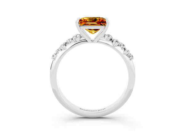White gold Princess Cut Citrine Cluster Side Stone Solitaire Ring with Prong Setting