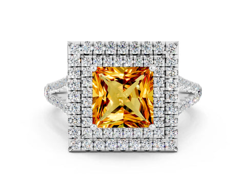 White gold Princess Cut Citrine Double Halo Ring with Pavé Band and Prong Setting_12