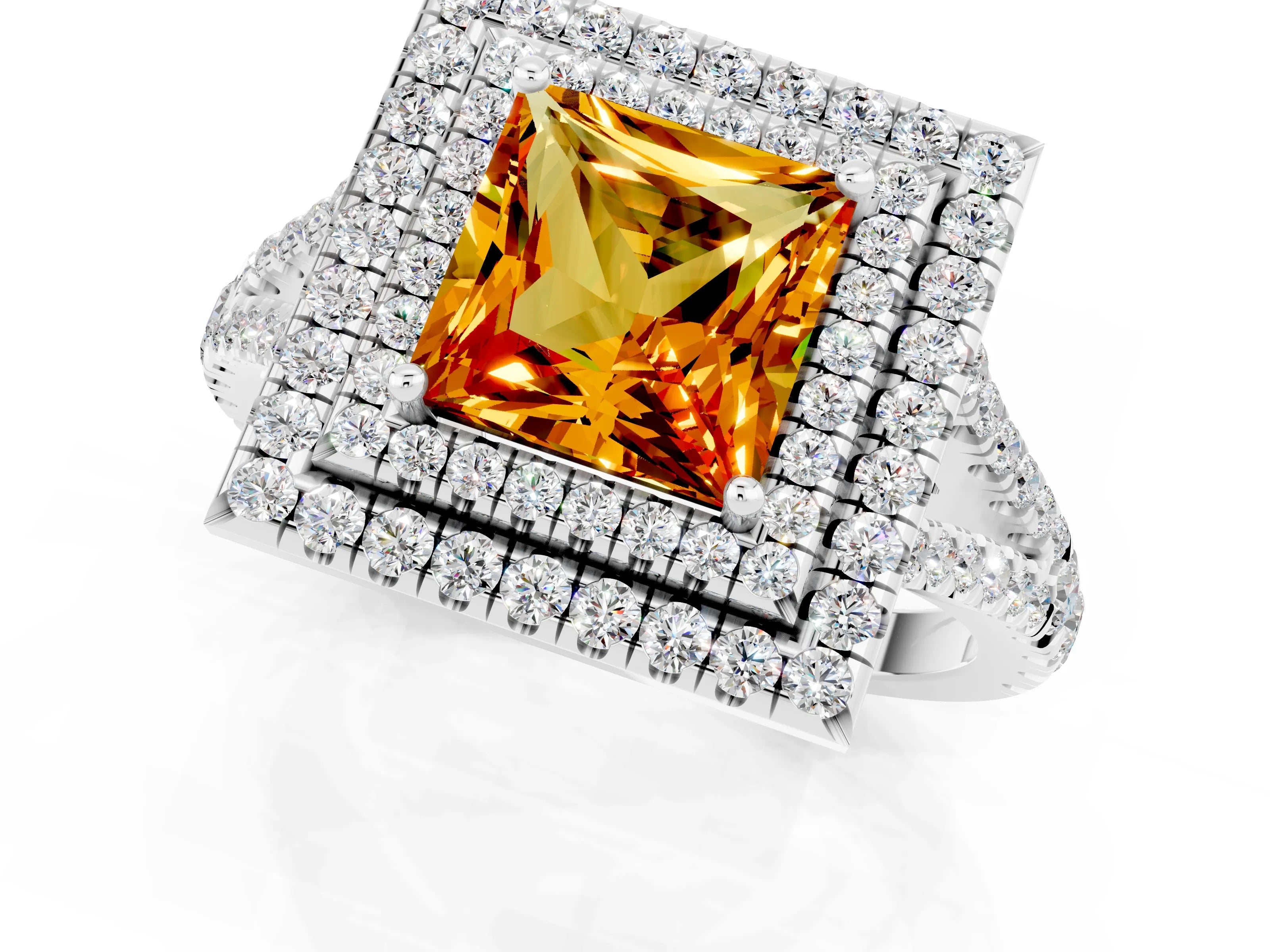 White gold Princess Cut Citrine Double Halo Ring with Pavé Band and Prong Setting_13