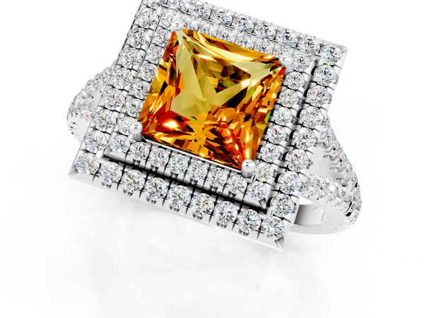 White gold Princess Cut Citrine Double Halo Ring with Pavé Band and Prong Setting