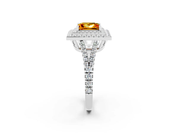 Platinum Princess Cut Citrine Double Halo Ring with Pavé Band and Prong Setting