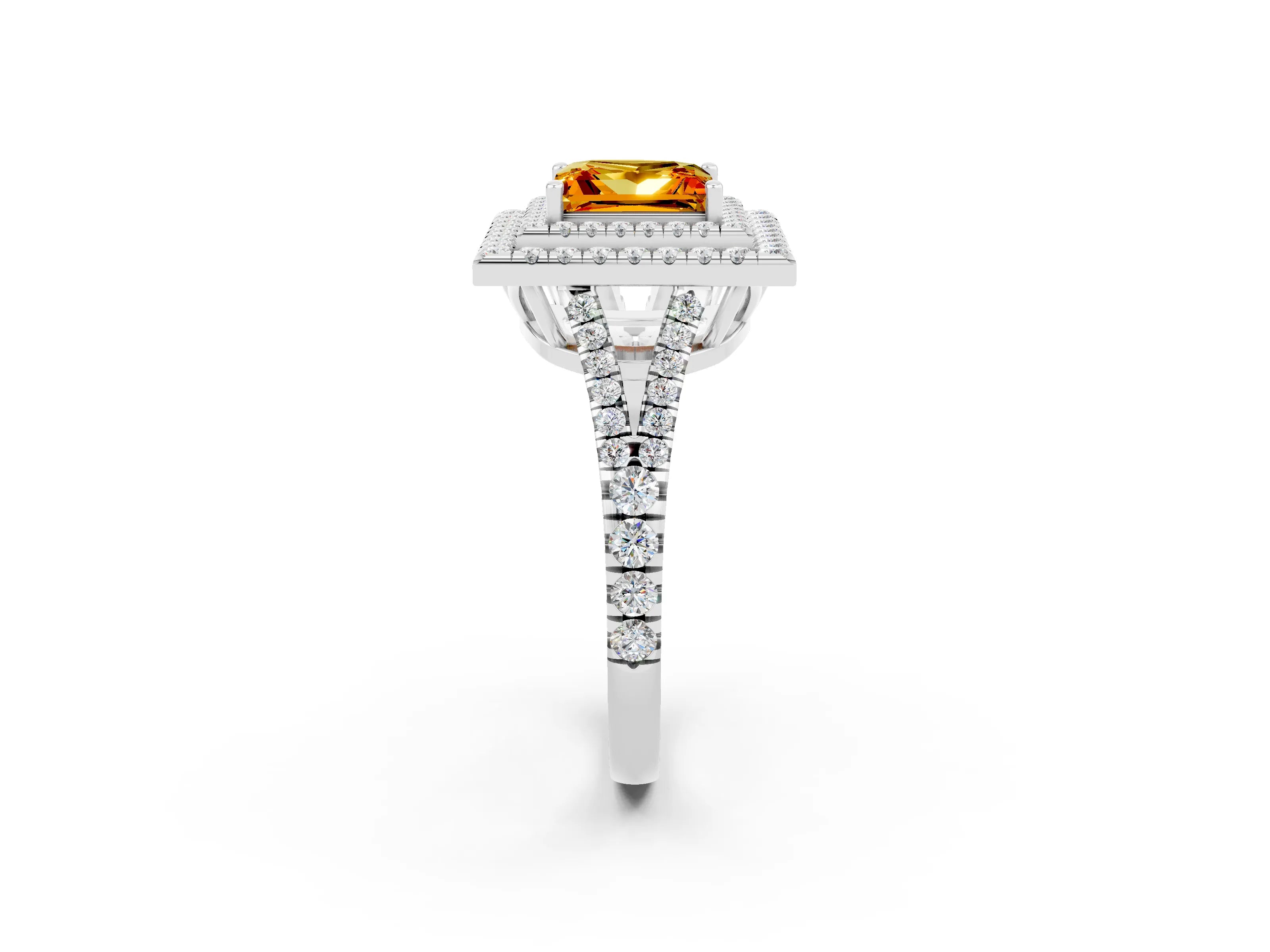 White gold Princess Cut Citrine Double Halo Ring with Pavé Band and Prong Setting_14