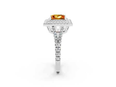 White gold Princess Cut Citrine Double Halo Ring with Pavé Band and Prong Setting_14