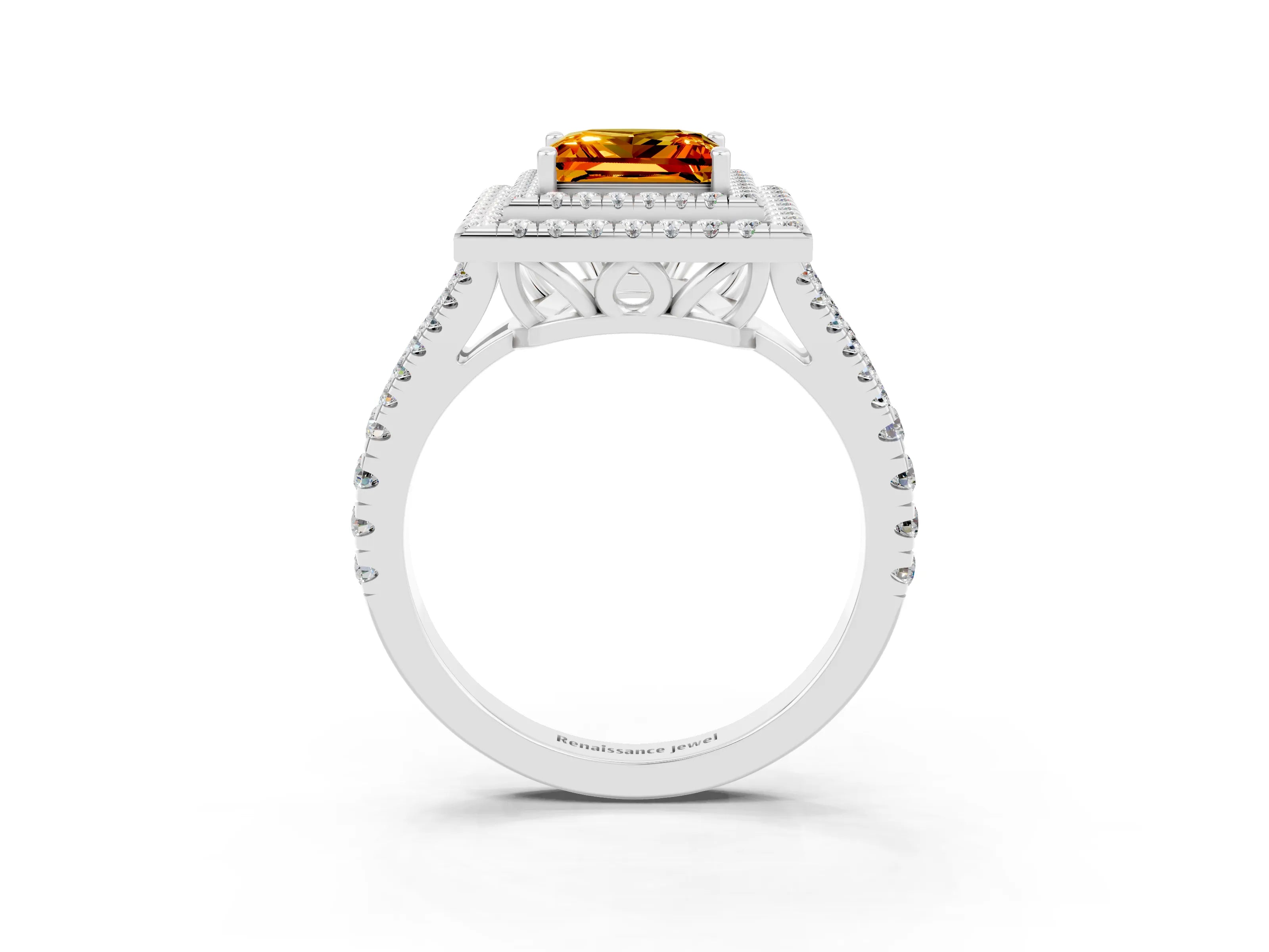 White gold Princess Cut Citrine Double Halo Ring with Pavé Band and Prong Setting_15