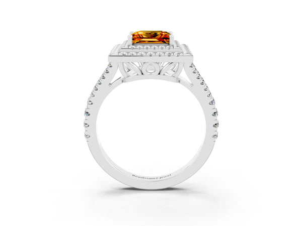 Silver Princess Cut Citrine Double Halo Ring with Pavé Band and Prong Setting