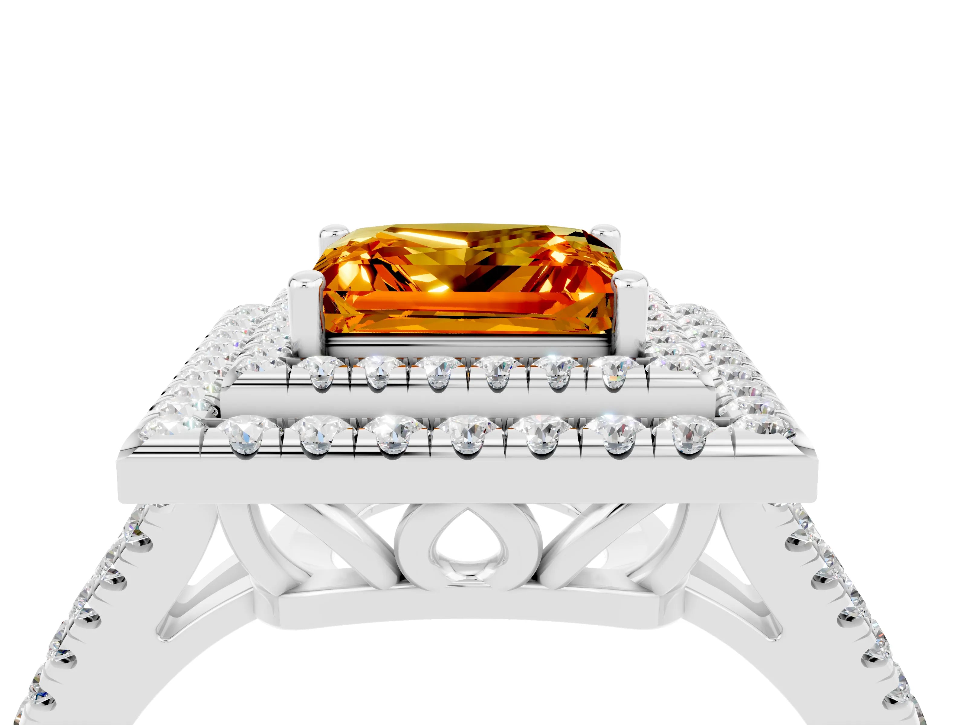 White gold Princess Cut Citrine Double Halo Ring with Pavé Band and Prong Setting_16