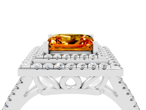White gold Princess Cut Citrine Double Halo Ring with Pavé Band and Prong Setting_16