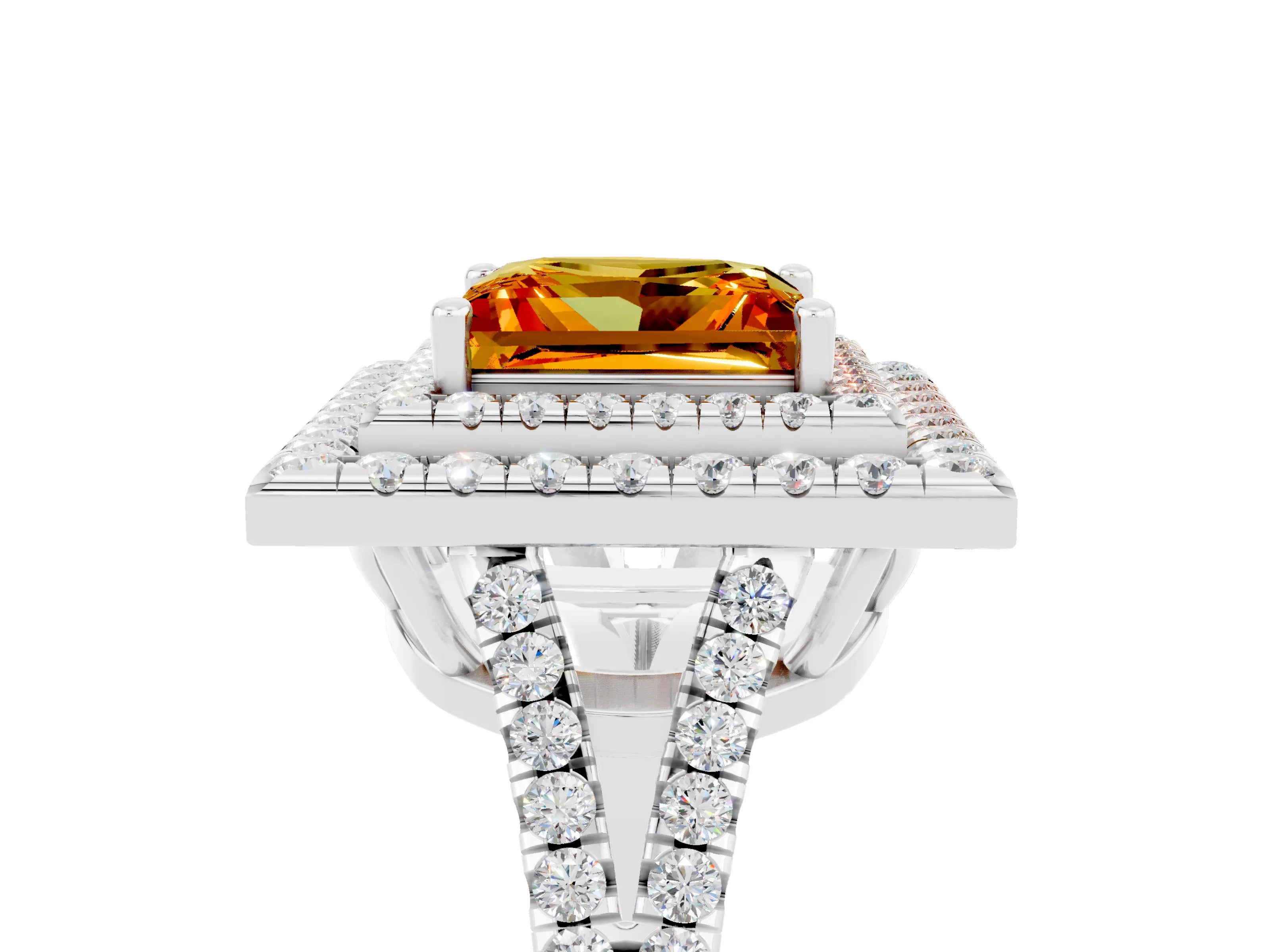 White gold Princess Cut Citrine Double Halo Ring with Pavé Band and Prong Setting_17