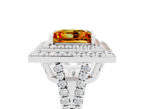 White gold Princess Cut Citrine Double Halo Ring with Pavé Band and Prong Setting_17