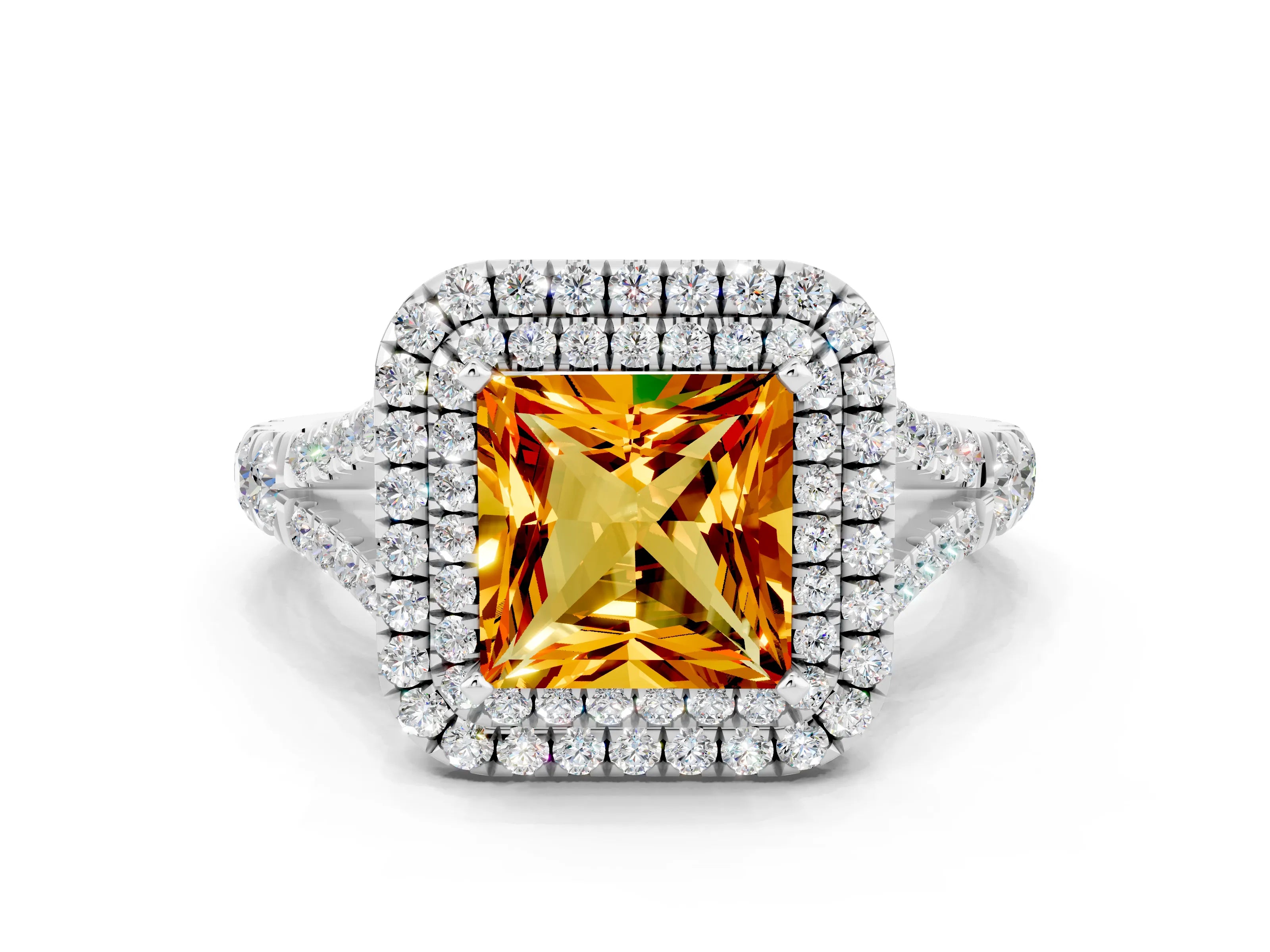 White gold Princess Cut Citrine Double Halo Ring with Split Shank and Prong Setting_34