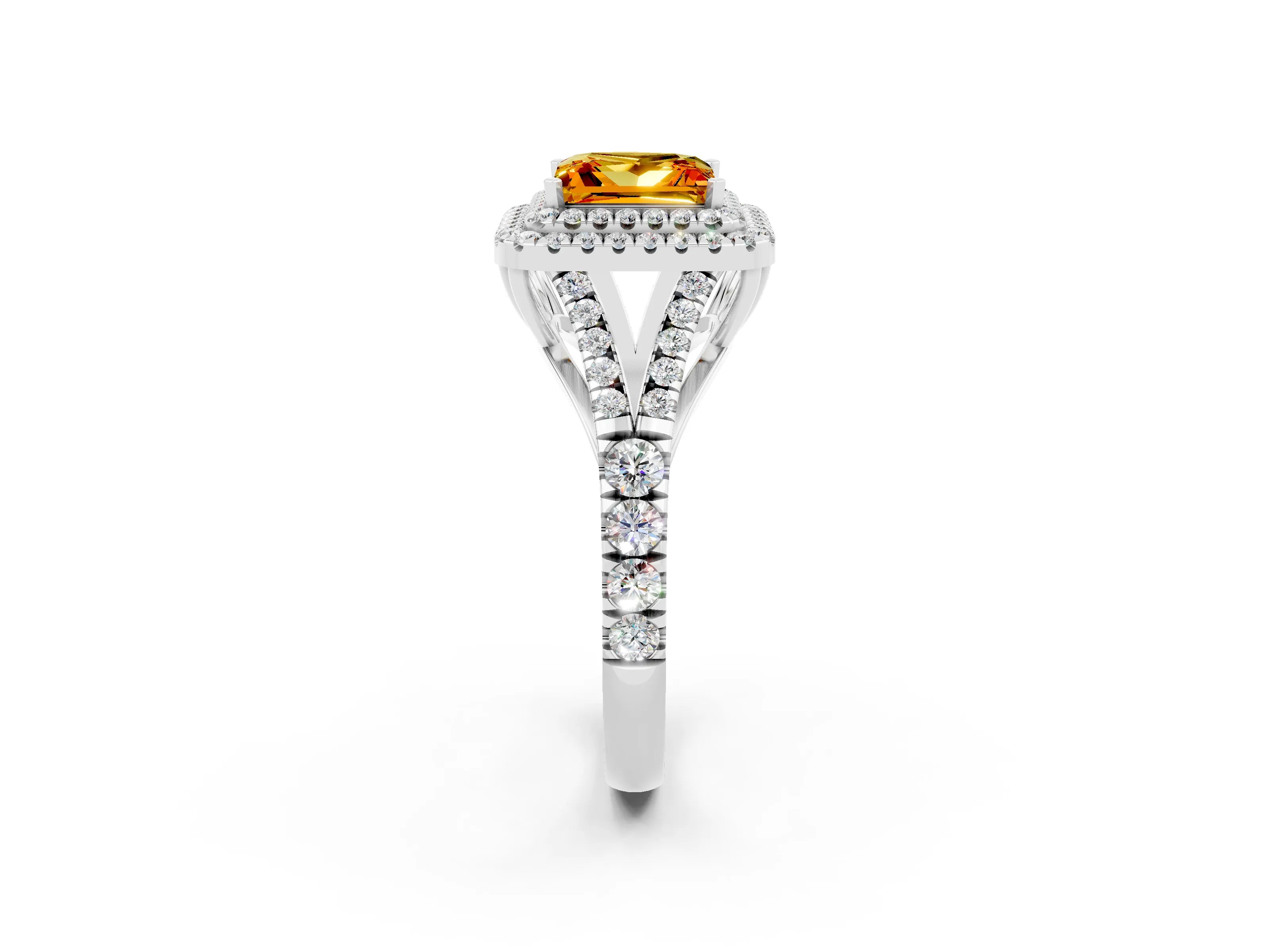 White gold Princess Cut Citrine Double Halo Ring with Split Shank and Prong Setting_36