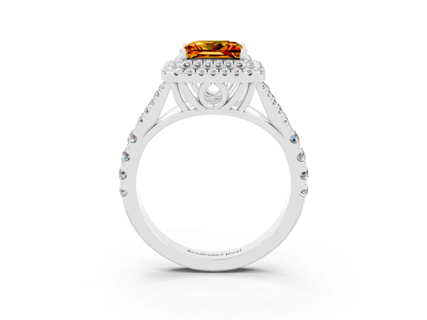 Platinum Princess Cut Citrine Double Halo Ring with Split Shank and Prong Setting