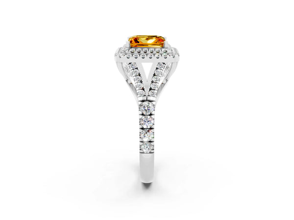 White gold Princess Cut Citrine Double Halo Ring with Split Shank and Prong Setting