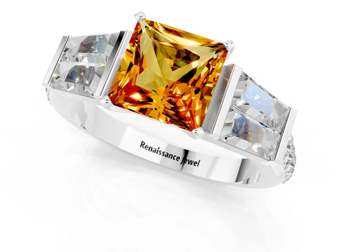White gold Princess Cut Citrine Engagement Ring with Baguette Side Stones and Channel Set Band_1
