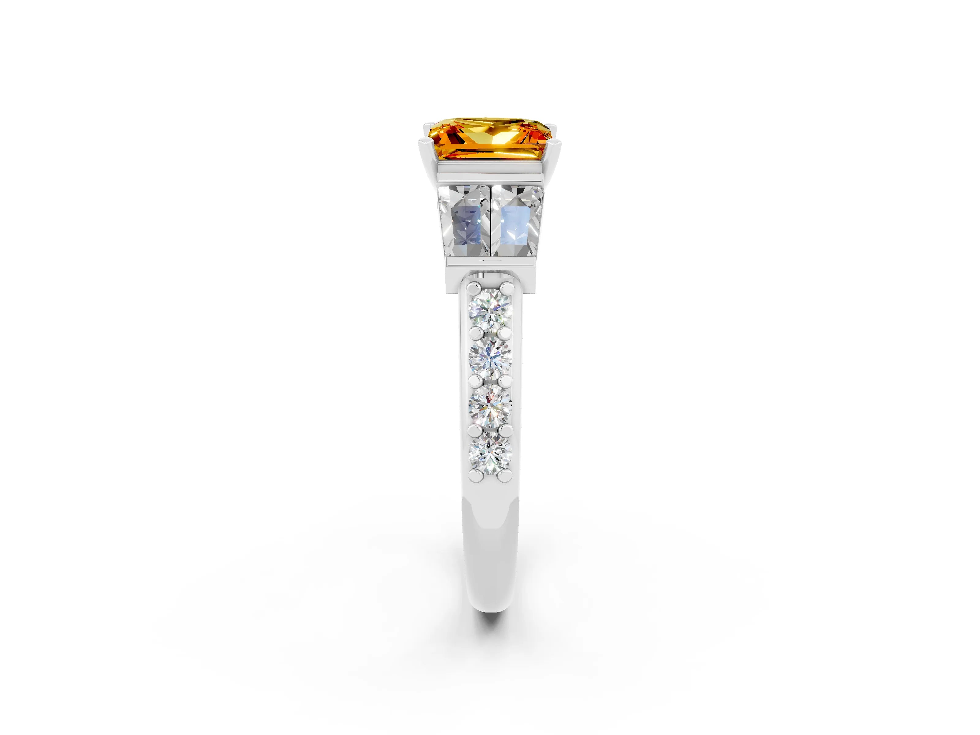 White gold Princess Cut Citrine Engagement Ring with Baguette Side Stones and Channel Set Band_2