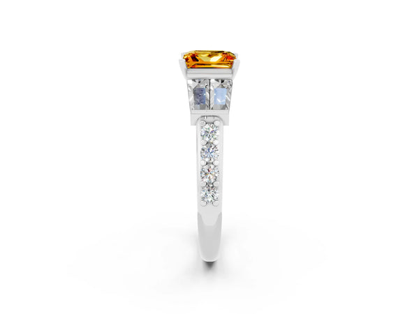 Silver Princess Cut Citrine Engagement Ring with Baguette Side Stones and Channel Set Band