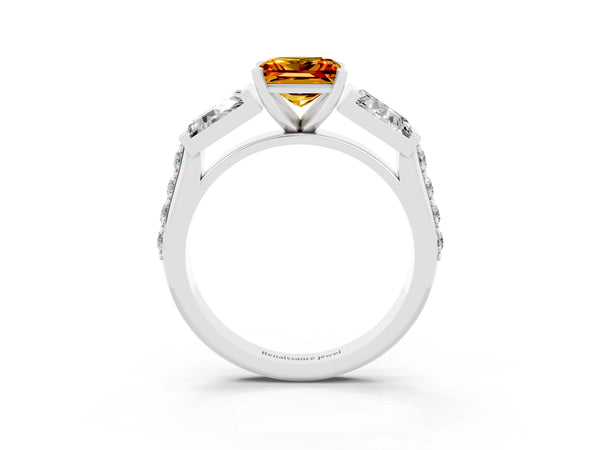 Silver Princess Cut Citrine Engagement Ring with Baguette Side Stones and Channel Set Band