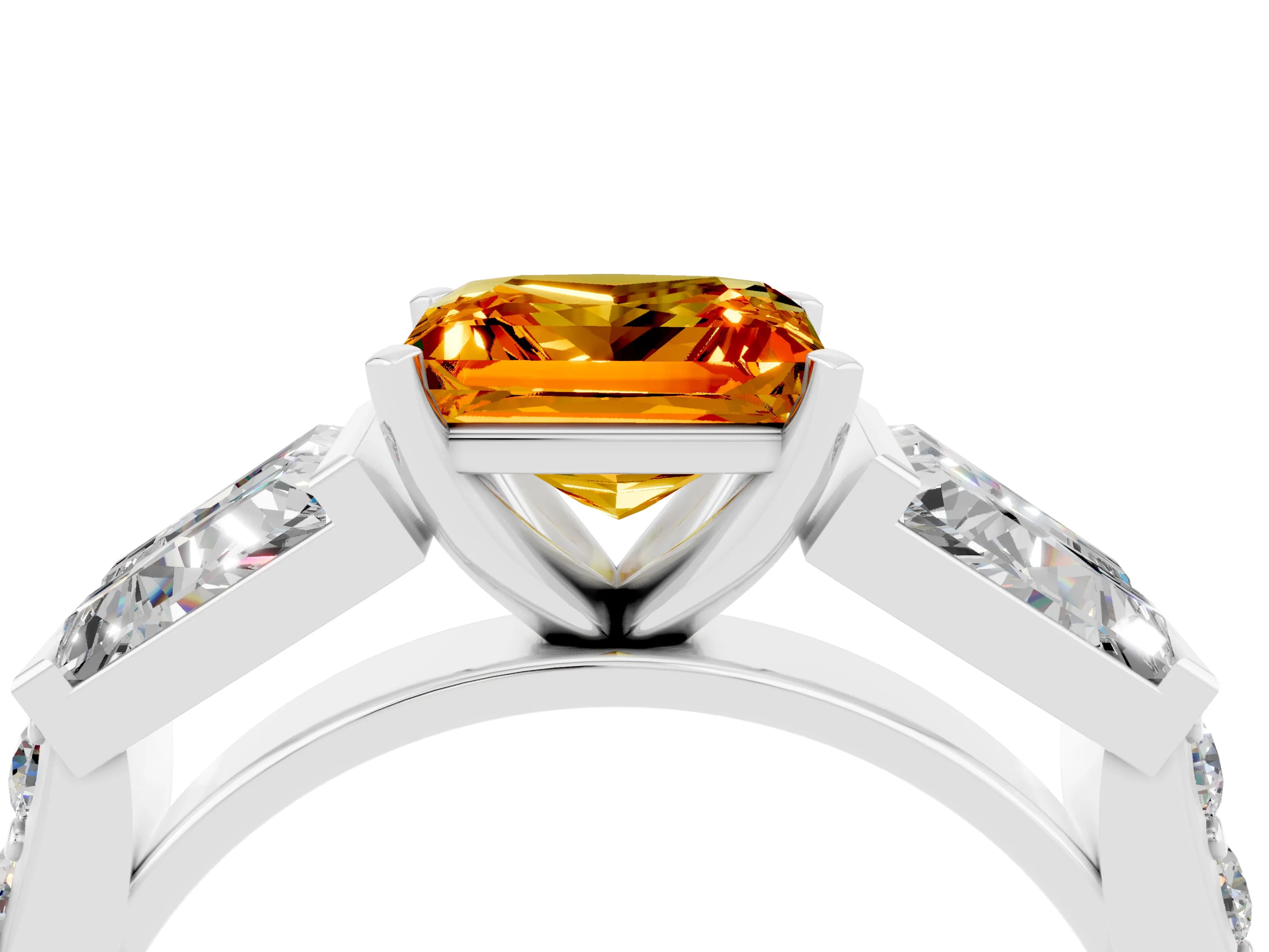White gold Princess Cut Citrine Engagement Ring with Baguette Side Stones and Channel Set Band_4
