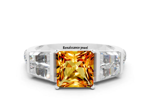 White gold Princess Cut Citrine Engagement Ring with Baguette Side Stones and Channel Set Band