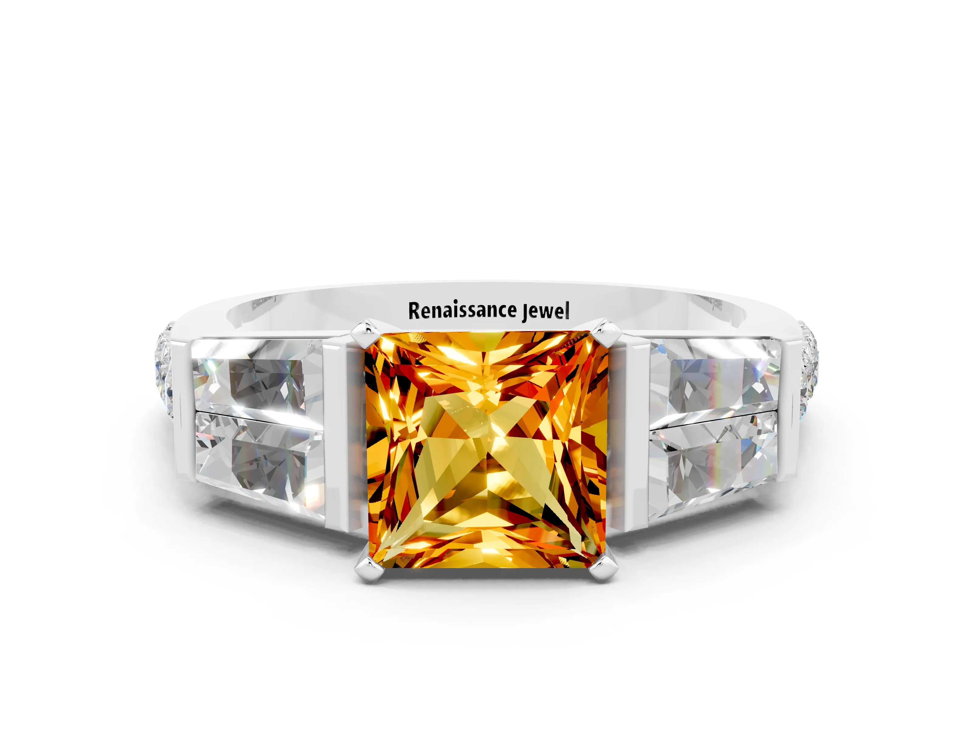 White gold Princess Cut Citrine Engagement Ring with Baguette Side Stones and Channel Set Band