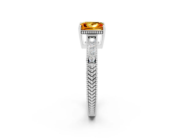 Platinum Princess Cut Citrine Engagement Ring with Milgrain Channel Set Band and Prong Setting