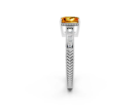 White gold Princess Cut Citrine Engagement Ring with Milgrain Channel Set Band and Prong Setting_2